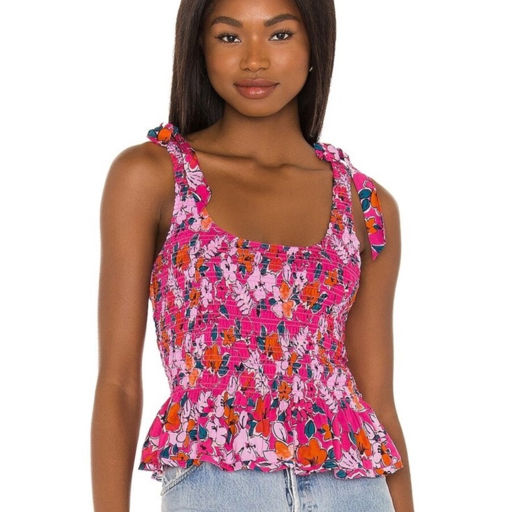 Free People Floral Pink Sleeveless Tie Top - Penelope Smocked Peplum Tank